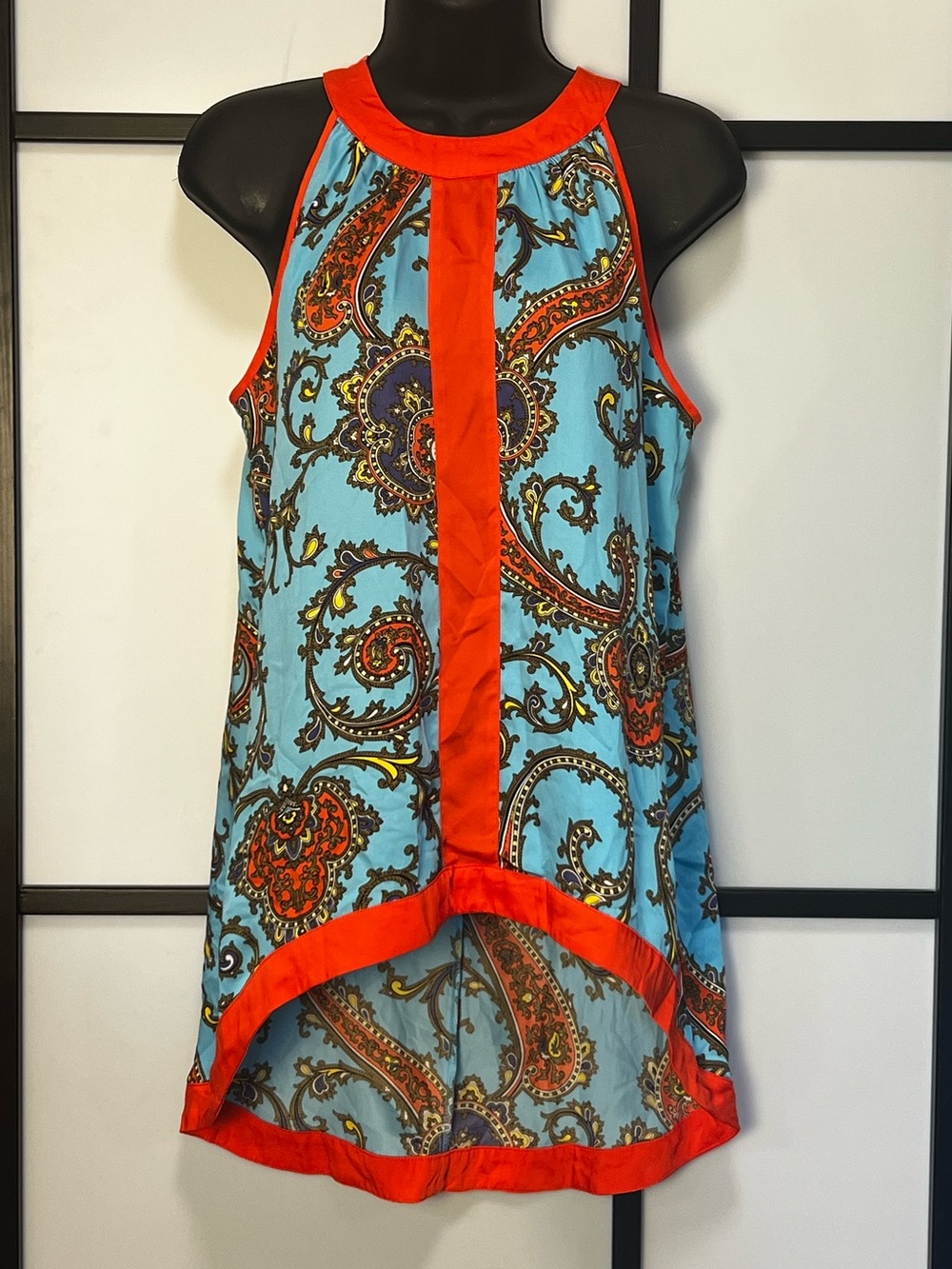 Nicole Blue Paisley Halter Tank with Orange Trim